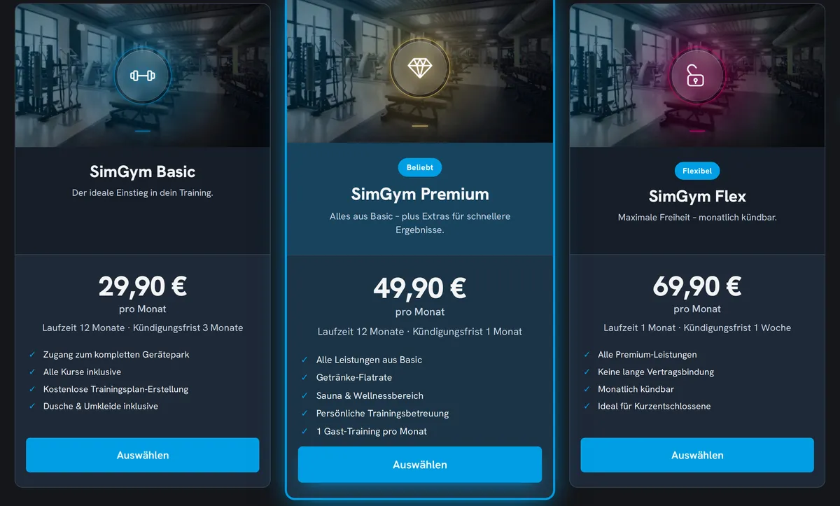 Tarife aus der Magicline als Angebots-Strecke auf der Website
