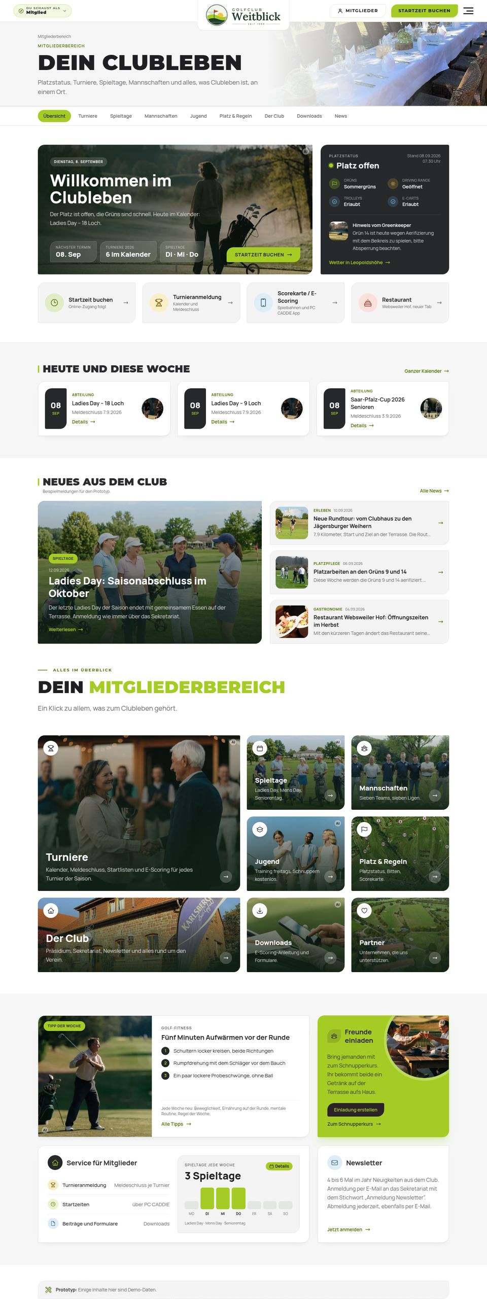 Mitgliederbereich der Demo-Website, Startseite von oben bis unten