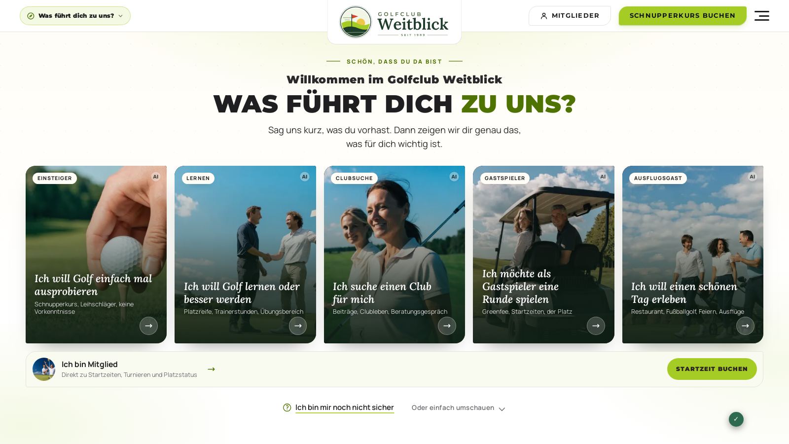 Startseite im modernen Look mit Einstiegsabfrage