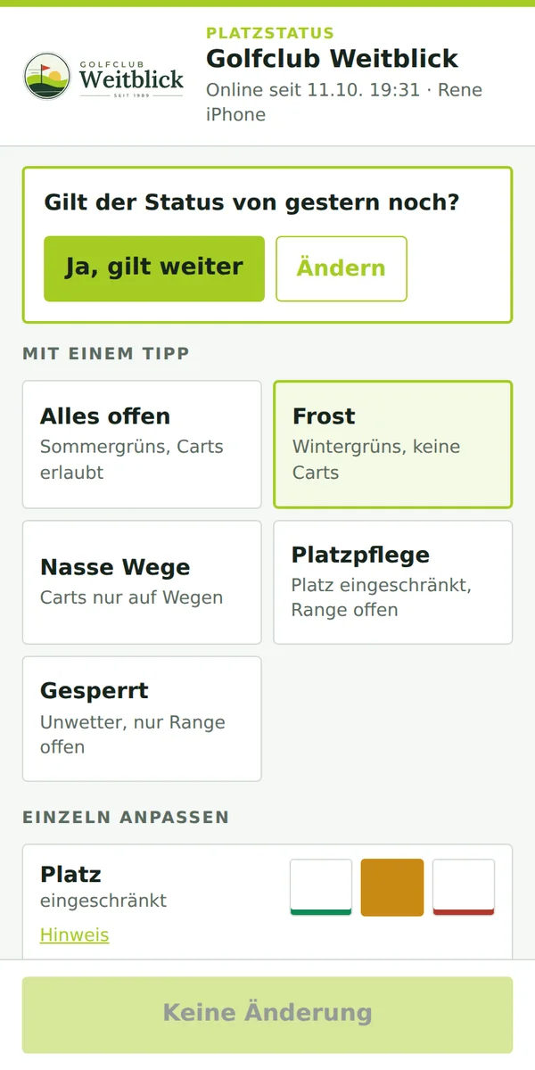 Die Platzwart-App auf dem Handy: Szenarien mit einem Tipp, einzelne Zeilen anpassen